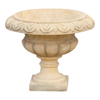 Traditional Hand-Carved Sandstone Urn Planter For Sale
