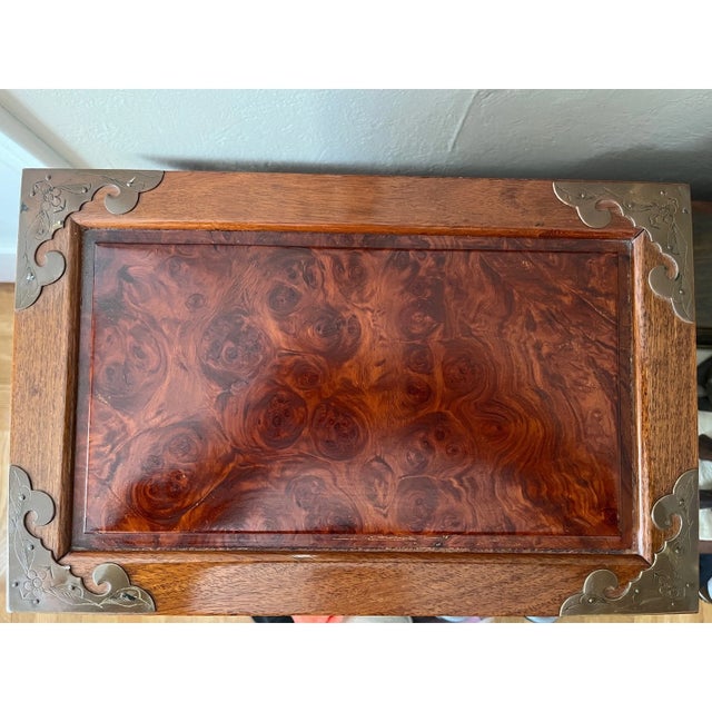 Brown Late 20th Century Chinese Burl Wood Jewelry Chest Ornate Brass Hardware Green Silk Lining 9x14x10 For Sale - Image 8 of 11