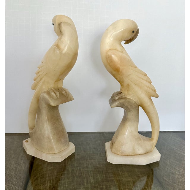 Alabaster Pair Italian Alabaster Parrot Bird Sculptures - Mid Century For Sale - Image 8 of 18