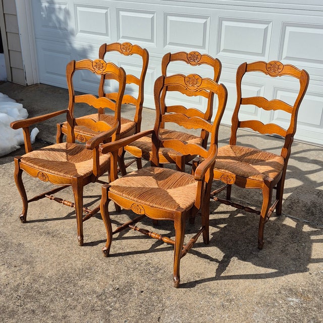 Late 20th Century Pierre Deux French Country Style Ladder Back Rush Seat Chairs, Set of 5 For Sale - Image 13 of 13