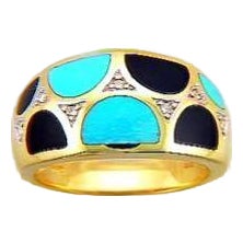 Blue Teal Turquoise & Black Onyx Diamonds 14k Yellow Gold Statement Dome Ring, Size 7 For Sale