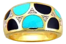 Blue Teal Turquoise & Black Onyx Diamonds 14k Yellow Gold Statement Dome Ring, Size 7