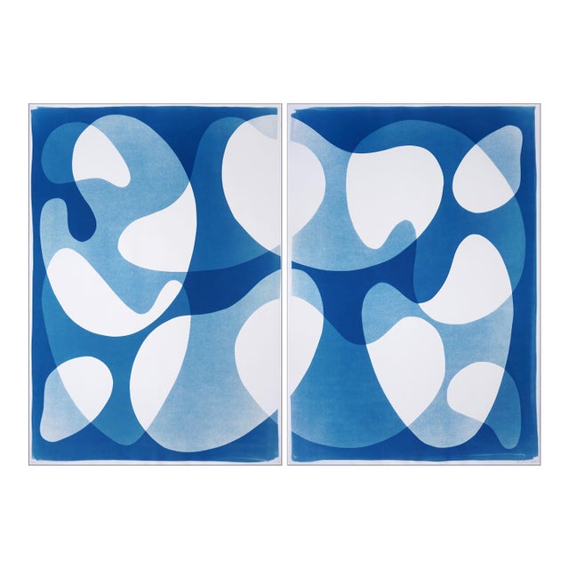 2025, Blue Modular Forms, Abstract Modern Diptych in Blue Tones, Handmade Cyanotype on Watercolor Paper by Kind of Cyan For Sale
