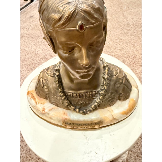 19th-Century Grande Dame Patricienne Florentine Au XVIme Siècle Roland Grange-Colombo Bronze & Marble Bust For Sale - Image 10 of 11