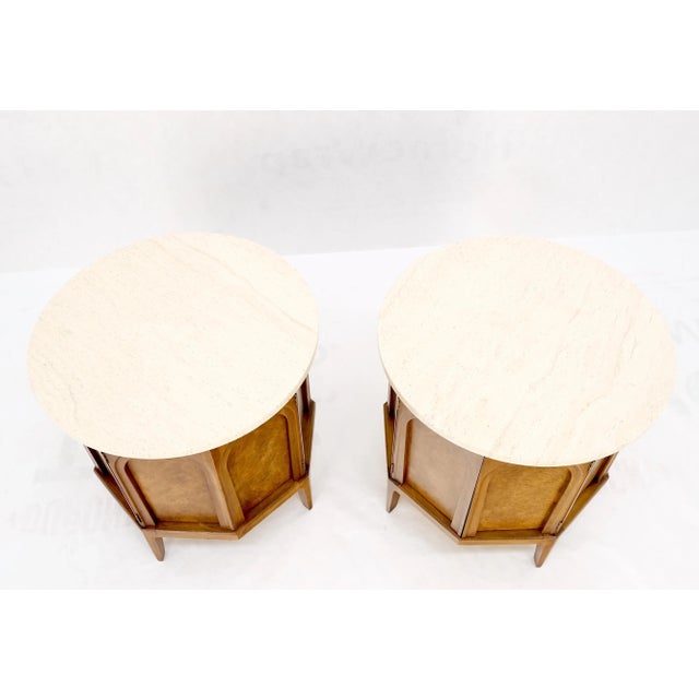 Travertine Top Round Drum Shape Two Doors End Side Tables Night Stands - A Pair For Sale - Image 12 of 12