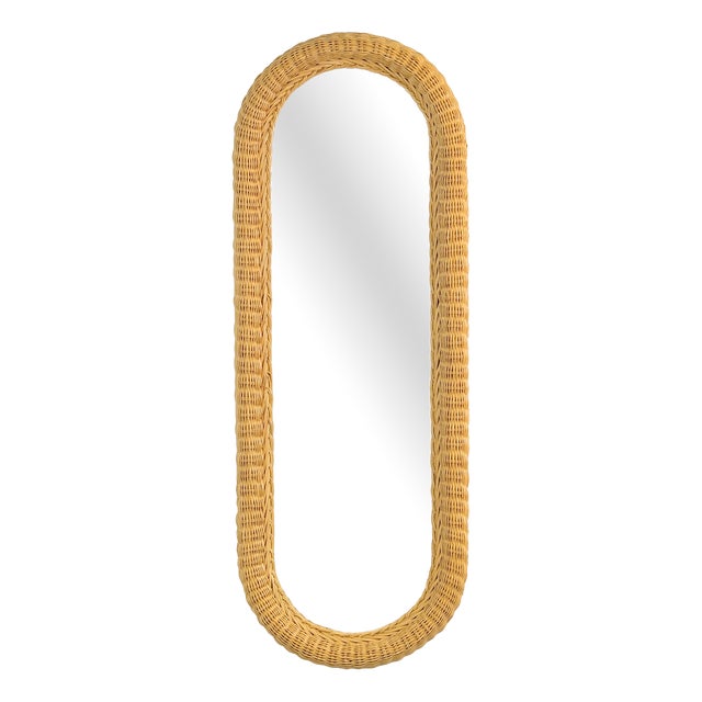 Large Vintage Oval Rattan Wicker Wall Mirror, France, 1980s For Sale