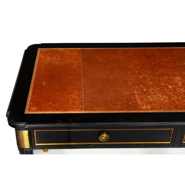 Wood A Fine Black Louis XVI Style Leather Writing Table Desk Bureau Plat Ca. 1950 For Sale - Image 7 of 18