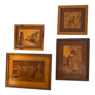Set of 4 Dated 1965 Wood Marquetry Wall Art Panels For Sale