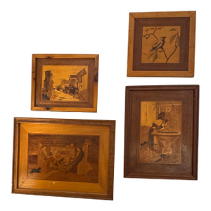 Set of 4 Dated 1965 Wood Marquetry Wall Art Panels