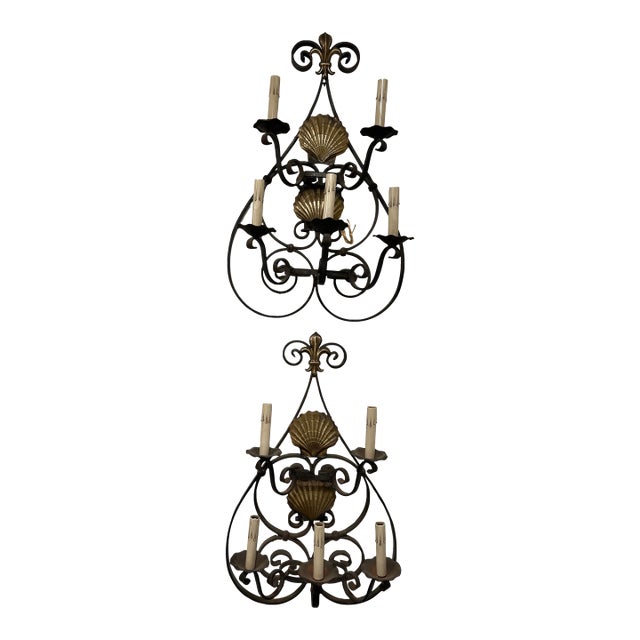 Large Pair of Early 20th Century Iron Sconces With Shell Accents For Sale