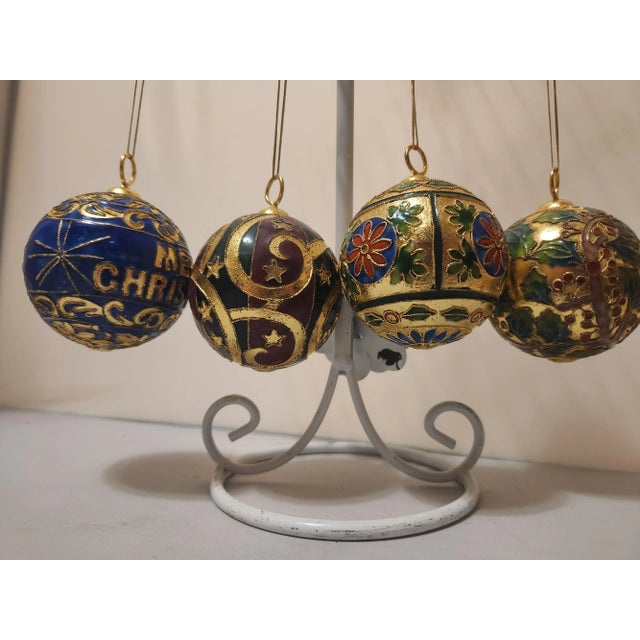 Metal Vintage Champleve Cloisonne Christmas Ornaments Set of 4 For Sale - Image 7 of 12