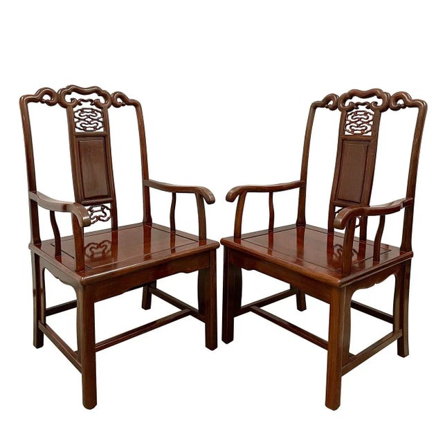 This gorgeous set of Vintage Chinese Horseshoe Back Armchairs with center tea table are made from solid rosewood. Very...