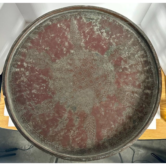 Moroccan Moroccan Copper Tray Table: Hand-Etched Floral Design, Folding Wood Base For Sale - Image 3 of 10