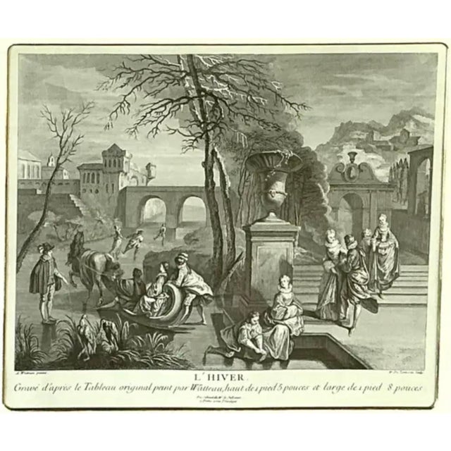 Antique Engraving entitled L'Hiver (Winter), after a celebrated composition by Antoine Watteau (French, 1684-1721), one of...