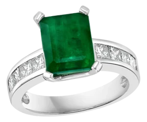 3.5 Carat Emerald Cut Emerald and 0.5 Carat Diamond Ring 14 Karat White Gold