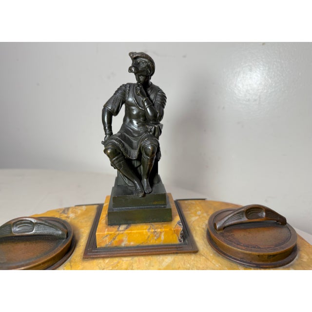Antique French Solid Siena Marble Bronze Lorenzo De Medicis Statue Desk Inkwell For Sale In New York - Image 6 of 18