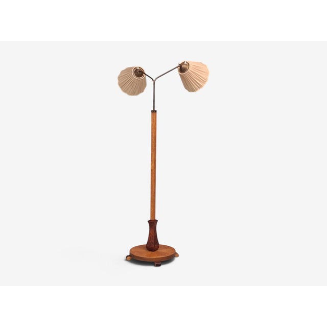 Swedish Art Deco, Double Floor Lamp, Burl Wood, Metal, Fabric, Sweden, 1940s For Sale - Image 17 of 17