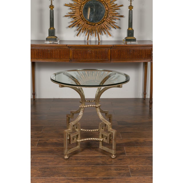 Mid 20th Century Midcentury French Silver Leaf Iron Table with Glass Top and Greek Key Motifs For Sale - Image 5 of 12