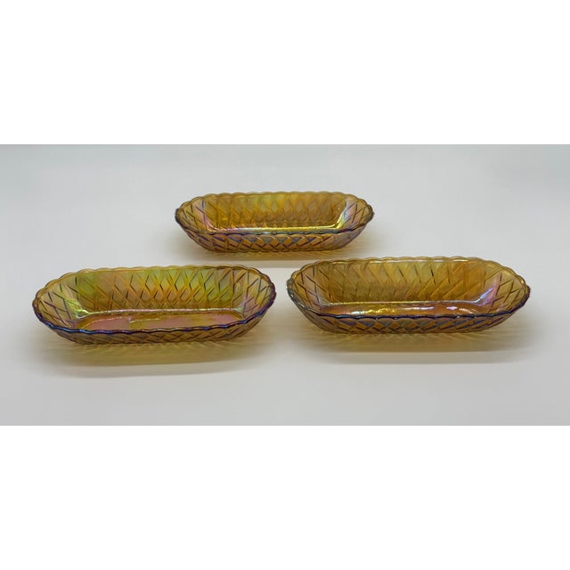 Glass Mid 20th Century American Pressed Amber Carnival Glass Celery Dish - Set of 3 For Sale - Image 7 of 11