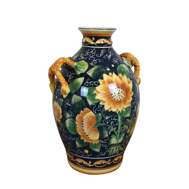 Italian Late 20th Century Italian Style Porcelain Sunflower Vase Urn Jug Pitcher With Branch Handles For Sale - Image 3 of 12