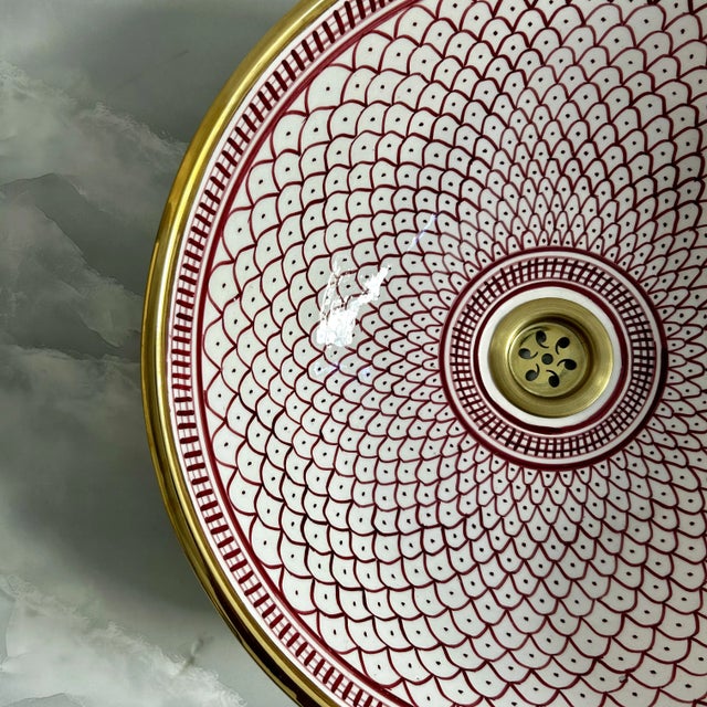 Ceramic Sink With 14k Gold Rim Vessel Round Sink Bowl Basin With Drain For Sale - Image 9 of 10