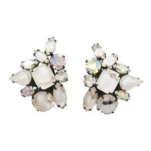 Vintage 1960s Signed Alice Caviness White Clear Rhinestone Clip Earrings - 2 Pieces