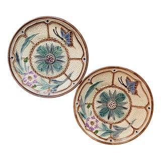 Majolica Flowers and Butterfly Plates from Wasmuel, 1890s, Set of 2 For Sale