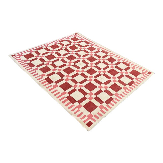 Handwoven Cotton Area Rug, Natural Vegetable Dyed, Cream and Red Geometric Dhurrie - 6'x9' For Sale