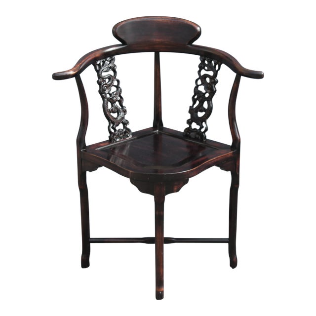 Antique Asian Meticulously Carved Mahogany Corner Chair For Sale