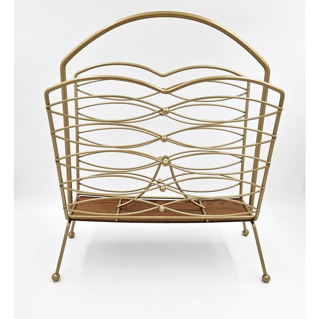 1950s MCM Lacquered Brass & Teak Wood Magazine Lp Newspaper Rack Holder For Sale - Image 5 of 10