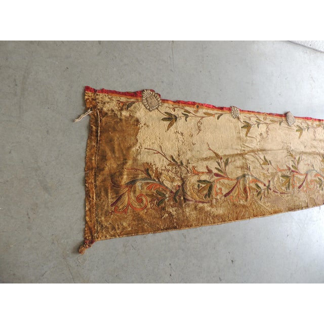 19th C. Arts and Crafts Style Embroidered Silk Velvet Portiere. Golden color velvet with floral pattern and gold metallic...