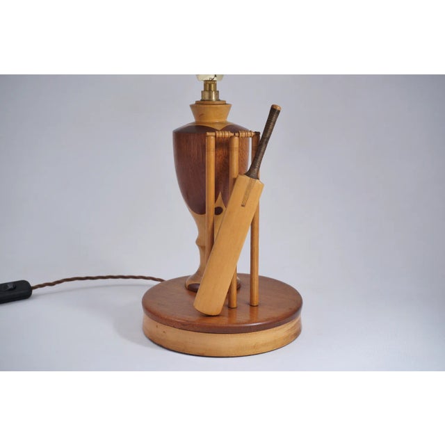 Mid-Century Modern 1950`s English Marquetry Wood Inlaid Table Lamp, Sport Cricket Theme, Rewired For Sale - Image 3 of 13