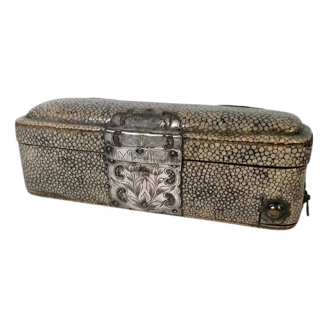Shagreen Pen Box With Engraved Silver Mounts and Hidden Drawer For Sale