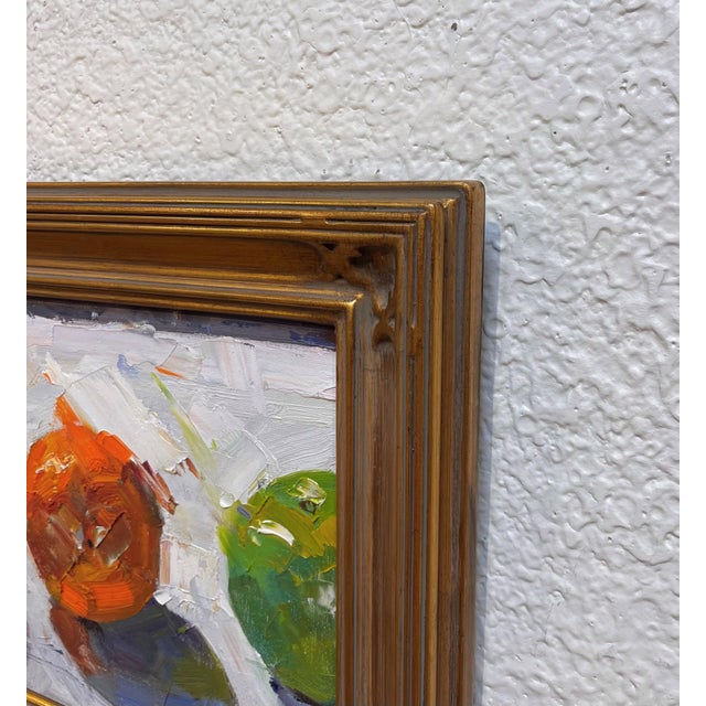 Contemporary Taking the Spotlight by Clyde Steadman | Oil Painting of three colorful fruits on a surface For Sale - Image 3 of 3