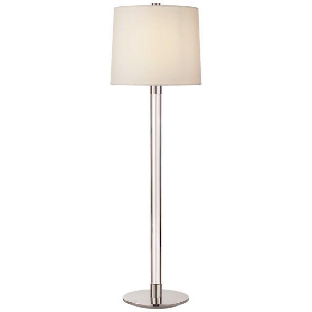Riga Buffet Lamp in Crystal and Polished Nickel with Linen Shade Designer: AERIN Height: 33" Shade Detail: 9.25" x 10" x...
