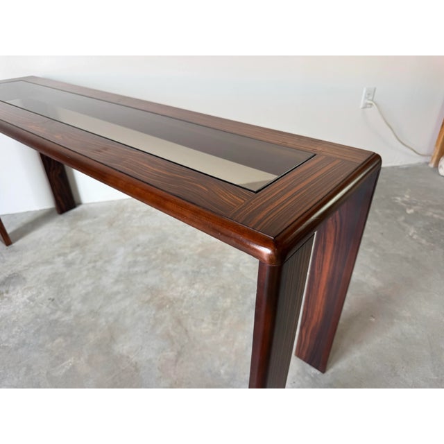 Vintage Macassar Ebony Console Table With Smoked Glass Inset Top by Baker Furniture/ Sold For Sale - Image 4 of 12