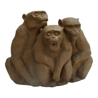 Three Monkeys Stoneware Sculpture and Fountain Head For Sale
