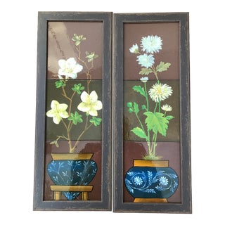 Framed Potted Plant Flowers Hand Painted Minton Tiles a Pair For Sale