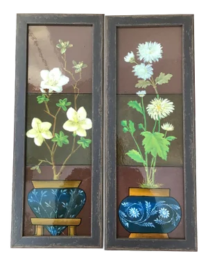 Framed Potted Plant Flowers Hand Painted Minton Tiles a Pair