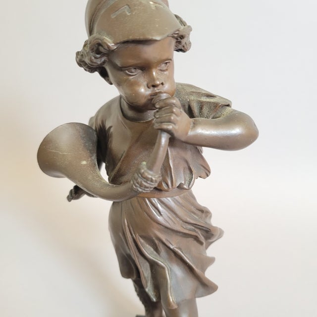 Grand Tour Revival Bronze Boy With Horn on Marble Base For Sale In Raleigh - Image 6 of 9