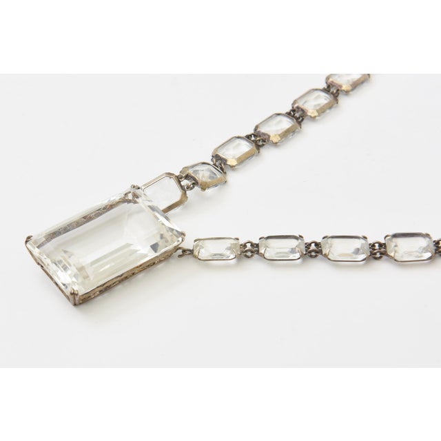 Chanel Vintage Art Deco Crystal and Silver Long Necklace With Faceted Square Pendant For Sale - Image 4 of 11