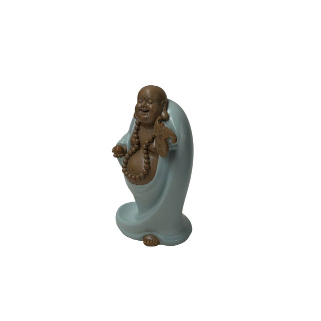 Joyful Laughing Buddha Light Celadon Robe Ceramic Coin Bat Ru Yi Figure For Sale - Image 9 of 13