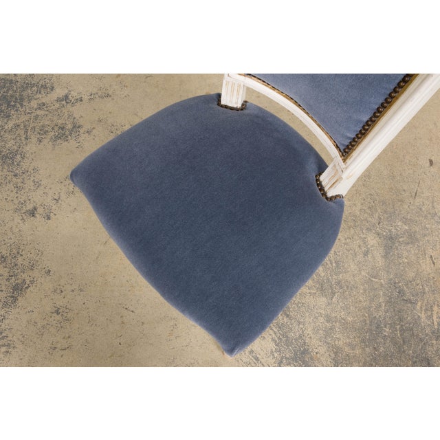 Antique French Louis XVI Style Painted Accent Chairs in Blue Mohair - A Pair For Sale - Image 16 of 18