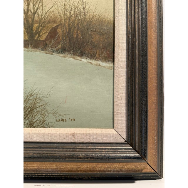 Wood 20th Century Original Oil Landscape Painting With Pheasant in Winter Field - Signed For Sale - Image 7 of 9