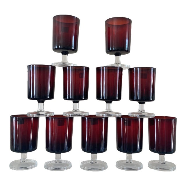 Mid 20th Century Luminarc Ruby Red Cordial Glasses- Set of 11 For Sale