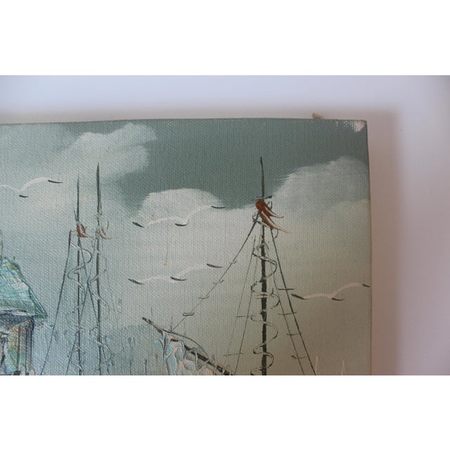 Textile Signed Vintage Oil Painting on Stretched Canvas Boats Harbour Marina For Sale - Image 7 of 9