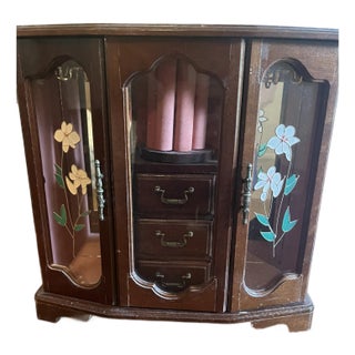 “Vintage 1980s Mahogany-Stained Jewelry Armoire Box With Dual Necklace Carousels & Painted Floral Glass Doors For Sale