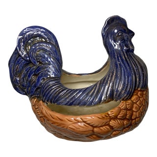 Vintage Arnels Pottery Ceramic Rooster Succulent Planter Brown and Blue For Sale