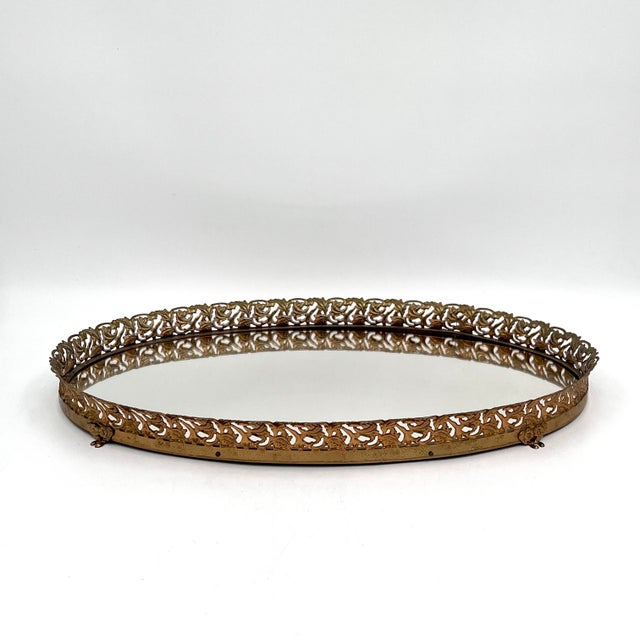Vintage Hollywood Regency Gold Ormolu Filigree Mirrored Long Oval Tray For Sale - Image 11 of 13