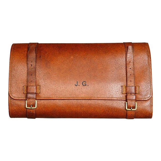 Stately English Antique Leather Suede Case With Tins Home Decor Prop For Sale